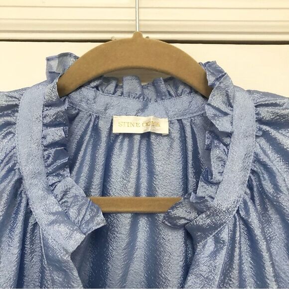 Stine Goya Jasmine Mini Dress Light Blue Tiered Trapeze Shift Taffeta V-Neck S - Picture 6 of 11